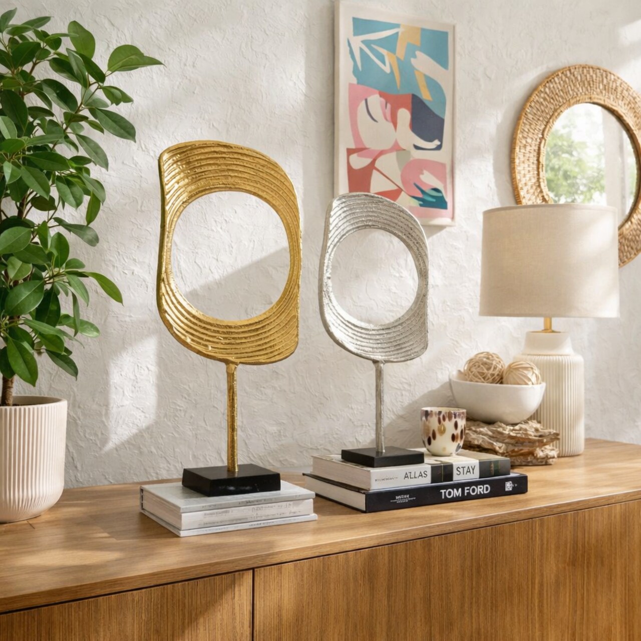 Gold & Nickel Aluminum Ring Sculptures with Black Base – Set of 2 (23" & 21" H)